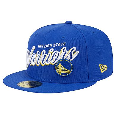 Men's New Era Royal Golden State Warriors Sport Night Script Sided 59FIFTY Fitted Hat