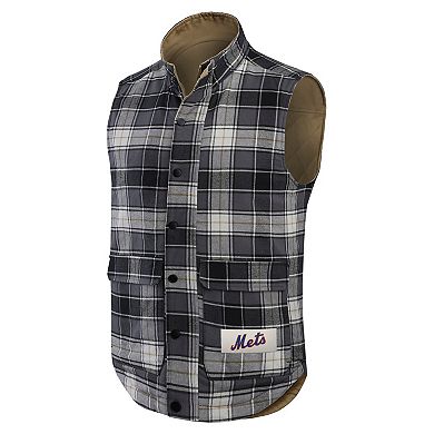 Men's Darius Rucker Collection by Fanatics Tan/Charcoal New York Mets Reversible Canvas & Plaid Patch Full-Zip Vest