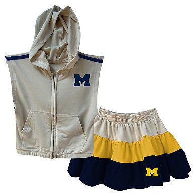 Girls Toddler Wes & Willy Tan Michigan Wolverines Tri-Blend Sleeveless Full-Zip Hoodie & Tiered Skirt Set