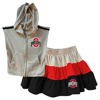 Girls Toddler Wes & Willy Tan Ohio State Buckeyes Tri-Blend Sleeveless Full-Zip Hoodie & Tiered Skirt Set