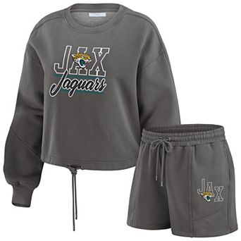 Women's WEAR by Erin Andrews Black Jacksonville Jaguars Washed Fleece Long Sleeve T-Shirt & Shorts Lounge Set