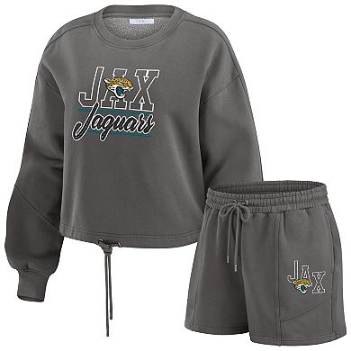 Women's WEAR by Erin Andrews Black Jacksonville Jaguars Washed Fleece Long Sleeve T-Shirt & Shorts Lounge Set