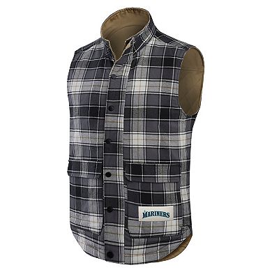 Men's Darius Rucker Collection by Fanatics Tan/Charcoal Seattle Mariners Reversible Canvas & Plaid Patch Full-Zip Vest