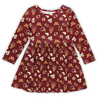 Girls Toddler ZooZatz Maroon Minnesota Golden Gophers Allover Print Long Sleeve Dress