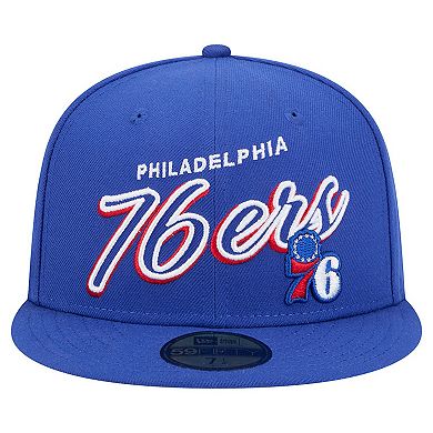Men's New Era Royal Philadelphia 76ers Sport Night Script Sided 59FIFTY Fitted Hat