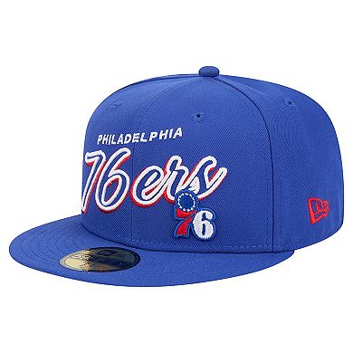 Men's New Era Royal Philadelphia 76ers Sport Night Script Sided 59FIFTY Fitted Hat