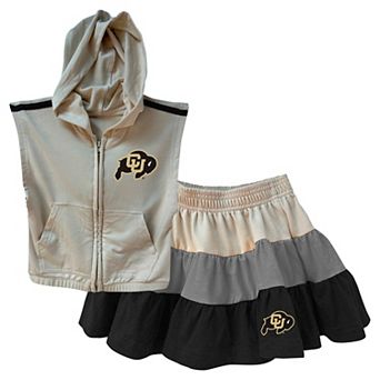 Girls Toddler Wes & Willy Tan Colorado Buffaloes Tri-Blend Sleeveless Full-Zip Hoodie & Tiered Skirt Set