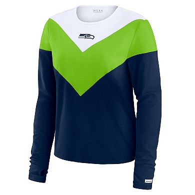Women's WEAR by Erin Andrews College Navy/Neon Green Seattle Seahawks Plus Size Chevron Tri-Blend Long Sleeve T-Shirt