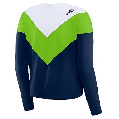 Women's WEAR by Erin Andrews College Navy/Neon Green Seattle Seahawks Plus Size Chevron Tri-Blend Long Sleeve T-Shirt