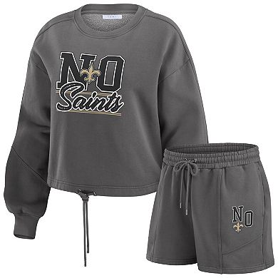 Women's WEAR by Erin Andrews Black New Orleans Saints Washed Fleece Long Sleeve T-Shirt & Shorts Lounge Set