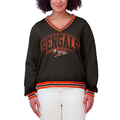 Women's WEAR by Erin Andrews Black Cincinnati Bengals Oversized Long Sleeve V-Neck Sweatshirt