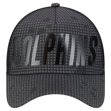 Men's New Era Black Miami Dolphins Midnight Ink Tonal Text A-Frame Trucker 9FORTY Adjustable Hat