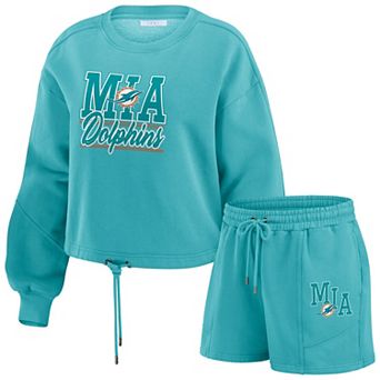 Women's WEAR by Erin Andrews Aqua Miami Dolphins Washed Fleece Long Sleeve T-Shirt & Shorts Lounge Set