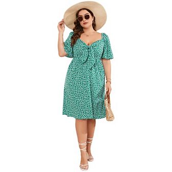 Women's Plus Size A Line Dress Wrap V Neck Front Knotted Dress Knee Length Midi Swing Dress