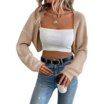 Women's Long Sleeve Open Front Knitted Crop Cardigan Sweater Shrug