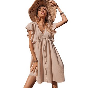 Women's Ruffle Babydoll Dress Short Sleeve V Neck High Waist Botton Flowy Swing Pleated Tunic Dress