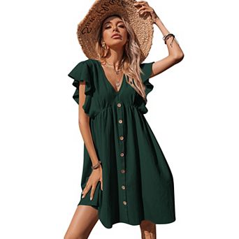 Women's Ruffle Babydoll Dress Short Sleeve V Neck High Waist Botton Flowy Swing Pleated Tunic Dress