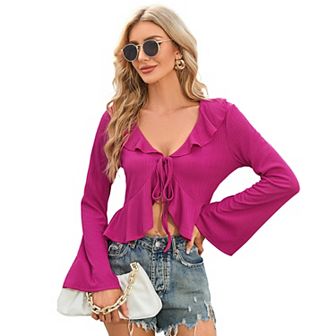 Women's Bell Sleeve Tops Tie Front Deep V Neck Knit Y2k Crop Top