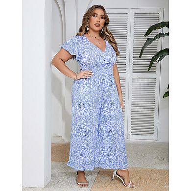 Plus Size Loose Jumpsuits For Women Summer Short Sleeve One Piece Outfit Wide Leg Floral Jumpsuits