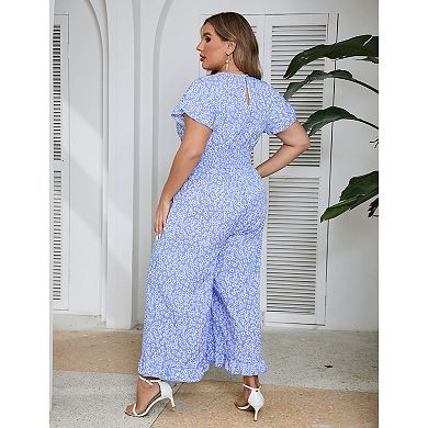 Plus Size Loose Jumpsuits For Women Summer Short Sleeve One Piece Outfit Wide Leg Floral Jumpsuits