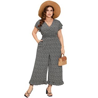 Plus Size Loose Jumpsuits For Women Summer Short Sleeve One Piece Outfit Wide Leg Floral Jumpsuits