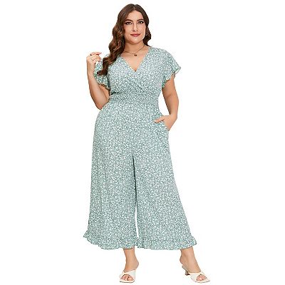 ShopWonder Plus Size Loose Jumpsuits for Women Summer Short Sleeve One Piece Outfit Elastic Waist Wide Leg Floral Jumpsuits