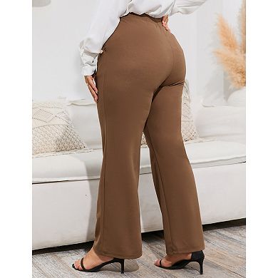 Women Plus Size Dress Pants Stretch Pull On Flare Pants Pockets Dressy Business Casual Work Pants