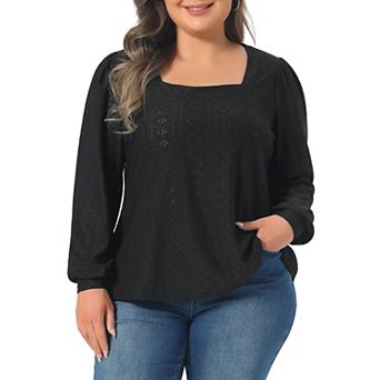 Plus Size Tops for Women Square Neck Hollow Long Sleeve Dressy Casual Eyelet Shirts