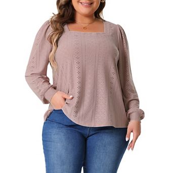 Plus Size Tops for Women Square Neck Hollow Long Sleeve Dressy Casual Eyelet Shirts