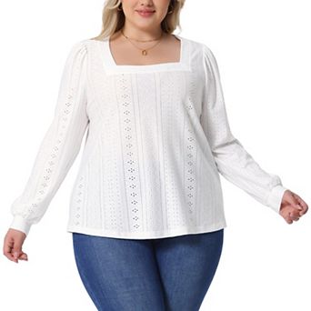 Plus Size Tops for Women Square Neck Hollow Long Sleeve Dressy Casual Eyelet Shirts