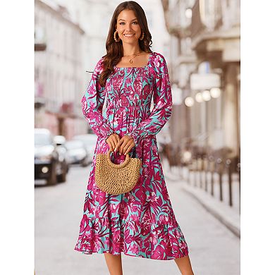 Women's Casual Floral Long Sleeve Square Neck Smocked Ruffle Hem Flowy Midi Dress with Pockets