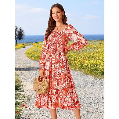 Women's Casual Floral Long Sleeve Square Neck Smocked Ruffle Hem Flowy Midi Dress with Pockets