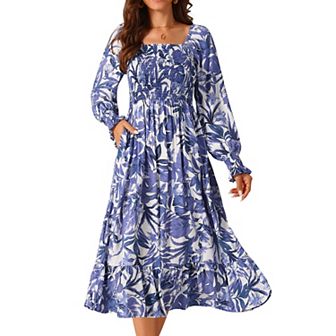 Women's Casual Floral Long Sleeve Square Neck Smocked Ruffle Hem Flowy Midi Dress with Pockets