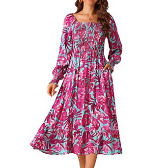 Women's Casual Floral Long Sleeve Square Neck Smocked Ruffle Hem Flowy Midi Dress with Pockets