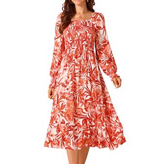 Women's Casual Floral Long Sleeve Square Neck Smocked Ruffle Hem Flowy Midi Dress with Pockets