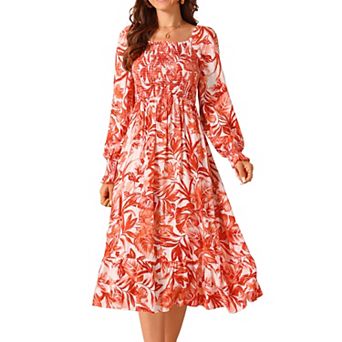 Women's Casual Floral Long Sleeve Square Neck Smocked Ruffle Hem Flowy Midi Dress with Pockets