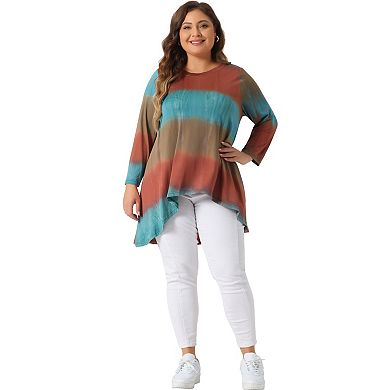 Plus Size Tops For Women Tie Dye Crew Neck 3/4 Sleeve High Low Tunic Tops Tee Shirts