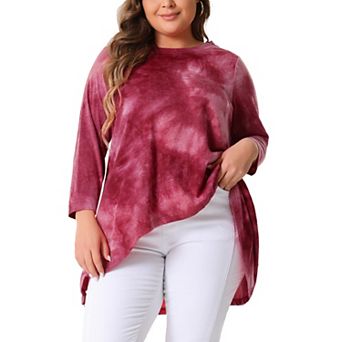 Plus Size Tops For Women Tie Dye Crew Neck 3/4 Sleeve High Low Tunic Tops Tee Shirts