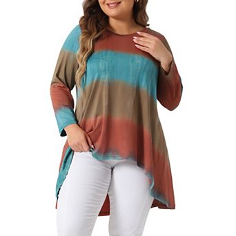 Plus Size Tops For Women Tie Dye Crew Neck 3/4 Sleeve High Low Tunic Tops Tee Shirts