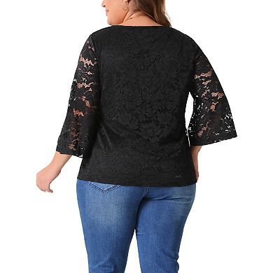 Plus Size Lace Tops for Women 3/4 Sleeve Casual V Neck Dressy Blouse