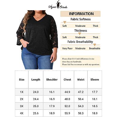 Plus Size Lace Tops for Women 3/4 Sleeve Casual V Neck Dressy Blouse