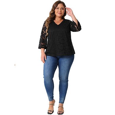 Plus Size Lace Tops for Women 3/4 Sleeve Casual V Neck Dressy Blouse