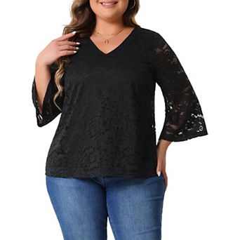 Plus Size Lace Tops for Women 3/4 Sleeve Casual V Neck Dressy Blouse