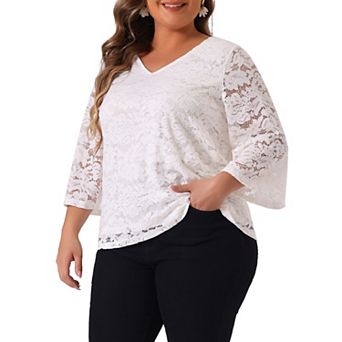 Plus Size Lace Tops for Women 3/4 Sleeve Casual V Neck Dressy Blouse