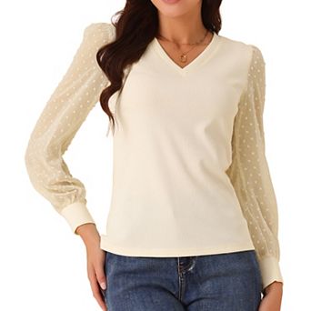 Women's Blouses Dressy Casual V Neck Top Swiss Dot Long Sleeve Shirts