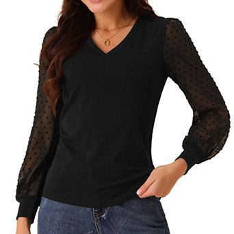 Women's Blouses Dressy Casual V Neck Top Swiss Dot Long Sleeve Shirts