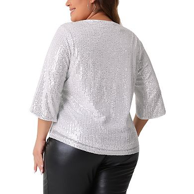 Plus Size Tops for Women Glitter 3/4 Slit Sleeve Crew Neck Shimmer Sparkle Sequin Party Blouse Tops