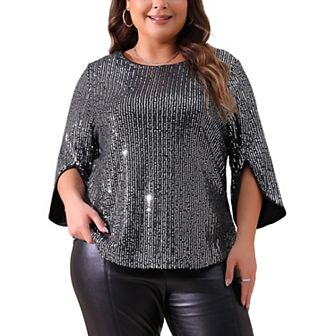 Plus Size Tops for Women Glitter 3/4 Slit Sleeve Crew Neck Shimmer Sparkle Sequin Party Blouse Tops