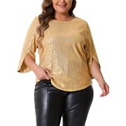 Plus Size Tops for Women Glitter 3/4 Slit Sleeve Crew Neck Shimmer