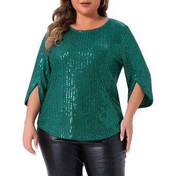 Plus Size Tops for Women Glitter 3/4 Slit Sleeve Crew Neck Shimmer Sparkle Sequin Party Blouse Tops